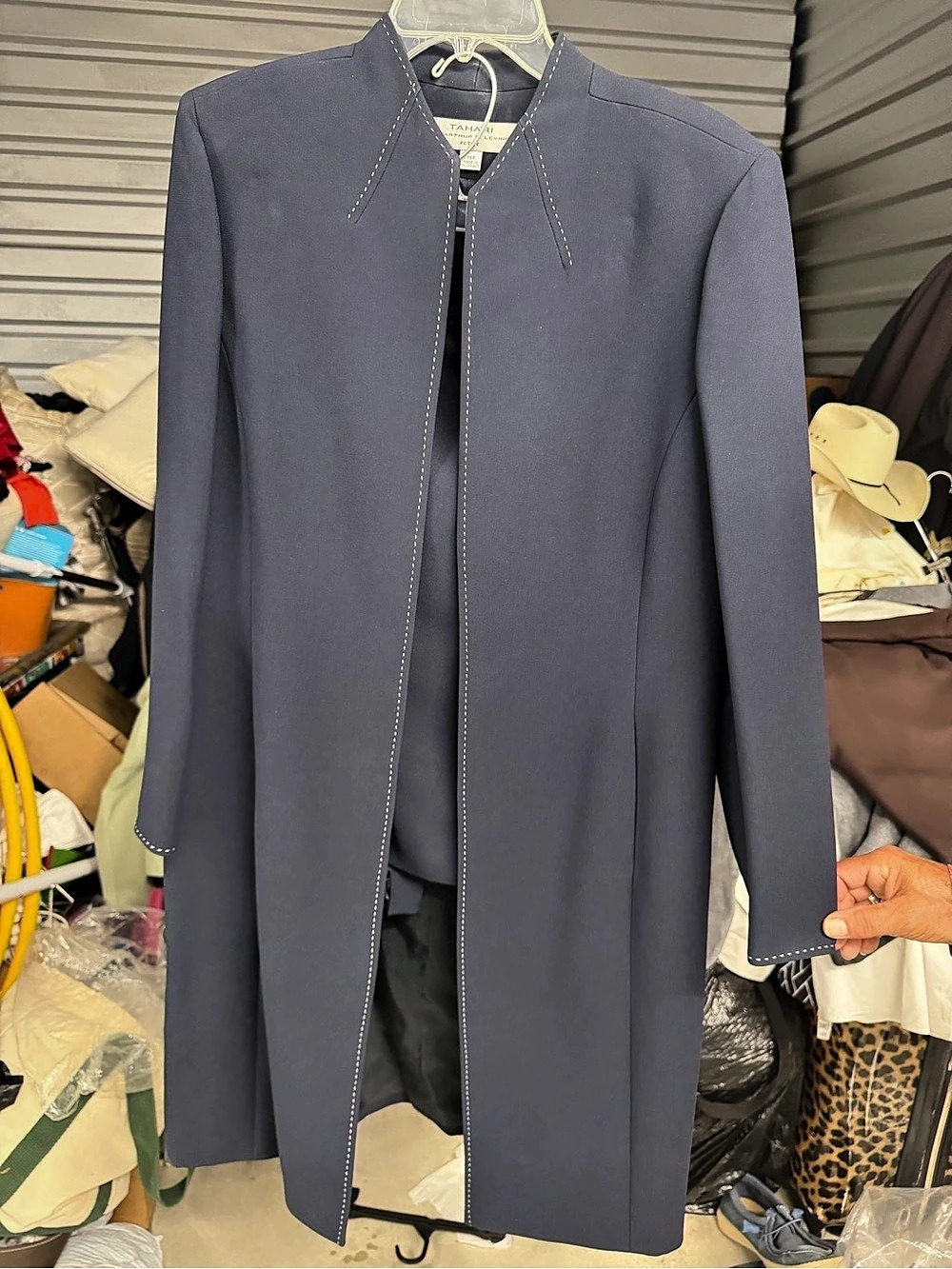 Tahari by Arthur S. Levine Longline Open Front Coat Navy Blue with skirt30